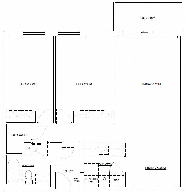 Floor plan for 2 beds, 1 bath, 836 sqft
