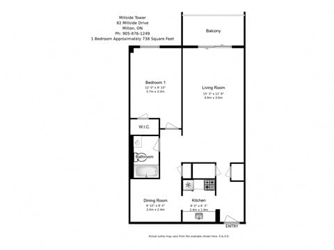 Floor plan for 1 bed, 1 bath, 738 sqft