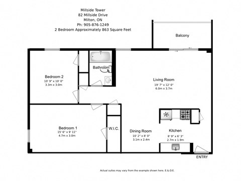 Floor plan for 2 beds, 1 bath, 863 sqft