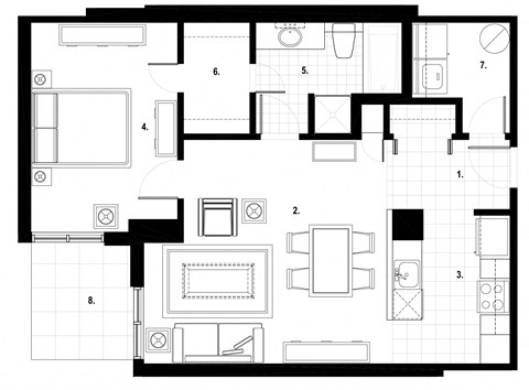 Floor plan for 1 bed, 1 bath, 749 sqft
