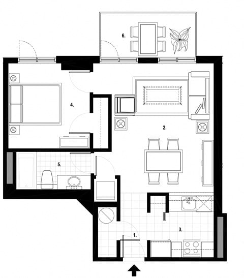 Floor plan for 1 bed, 1 bath, 620 sqft