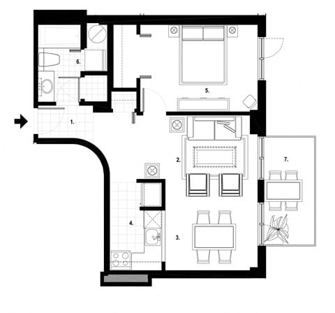 Floor plan for 1 bed, 1 bath, 993 sqft