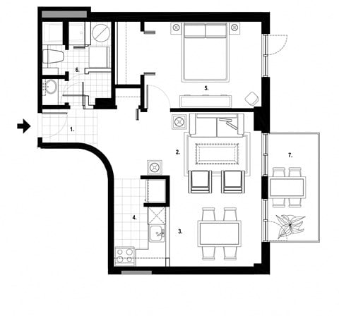 Floor plan for 1 bed, 1 bath, 644 sqft