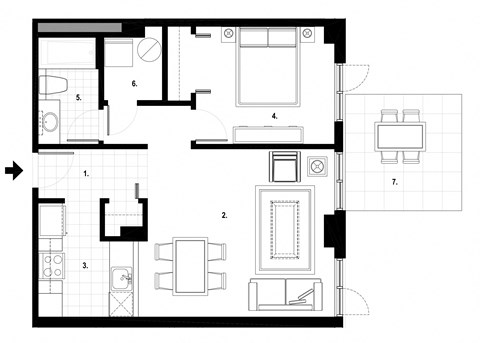 Floor plan for 1 bed, 1 bath