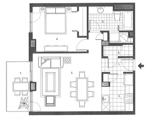 Floor plan for 1 bed, 1 bath, 698 sqft