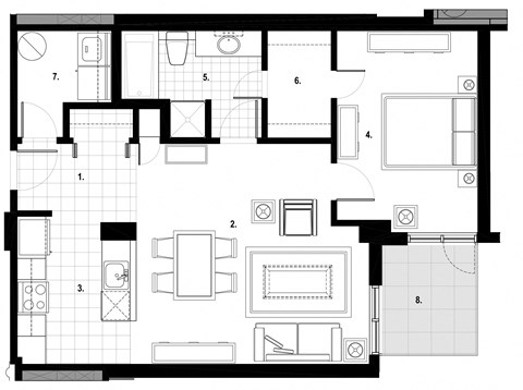 Floor plan for 1 bed, 1 bath, 760 sqft
