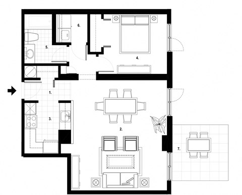Floor plan for 1 bed, 1 bath