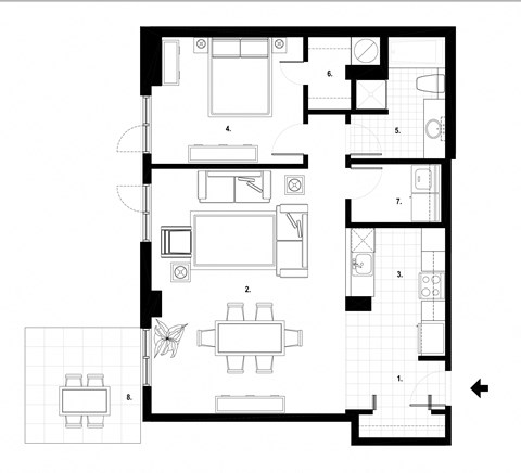 Floor plan for 1 bed, 1 bath