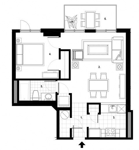Floor plan for 1 bed, 1 bath