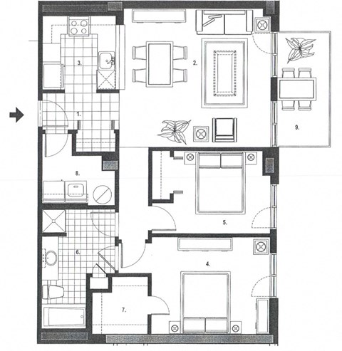 Floor plan for 2 beds, 1 bath