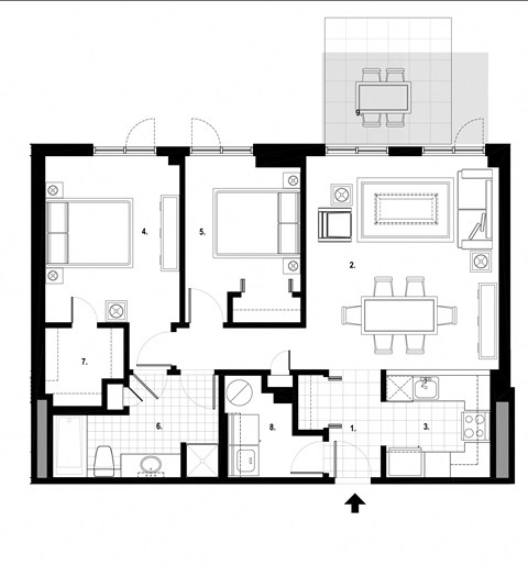 Floor plan for 2 beds, 1 bath, 944 sqft