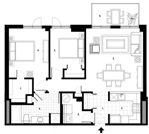 Floor plan for 2 beds, 1 bath, 944 sqft