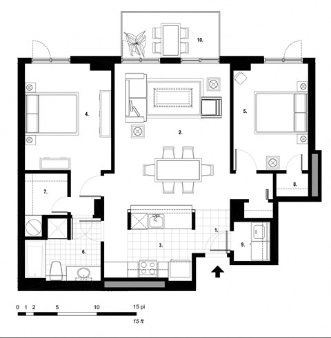Floor plan for 2 beds, 1 bath, 974 sqft