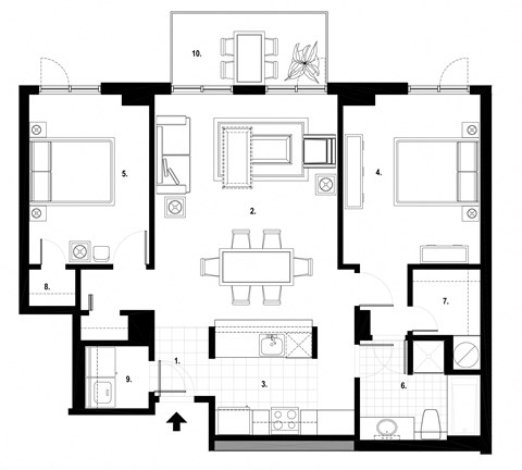 Floor plan for 2 beds, 1 bath, 981 sqft