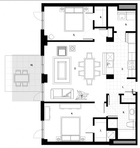 Floor plan for 2 beds, 1 bath, 984 sqft