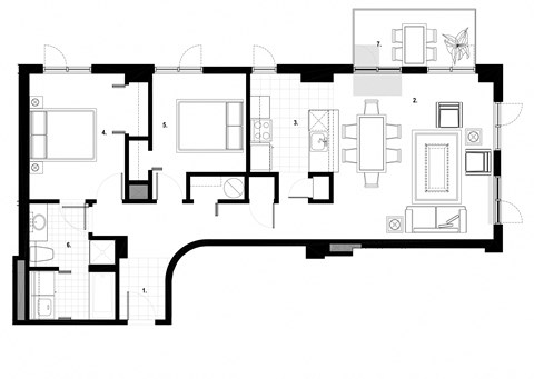 Floor plan for 2 beds, 1 bath