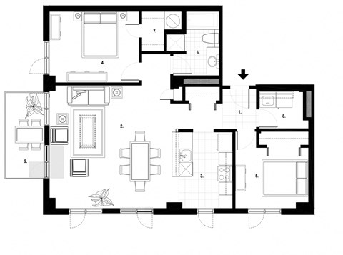 Floor plan for 2 beds, 1 bath