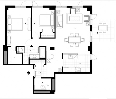 Floor plan for 2 beds, 1 bath, 1180 sqft