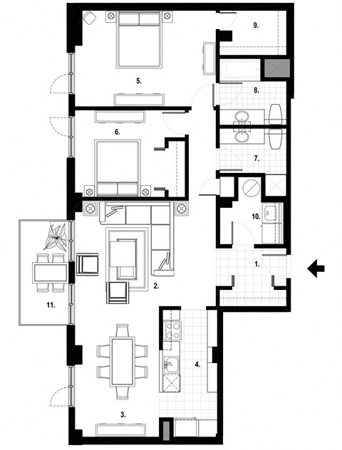 Floor plan for 2 beds, 2 baths, 1213 sqft