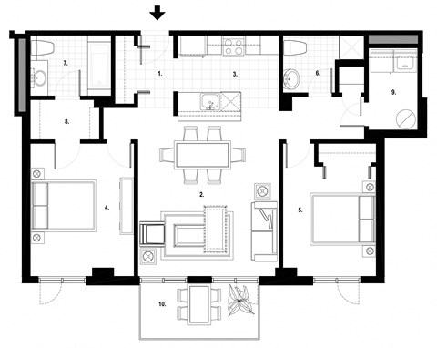 Floor plan for 2 beds, 2 baths, 1003 sqft