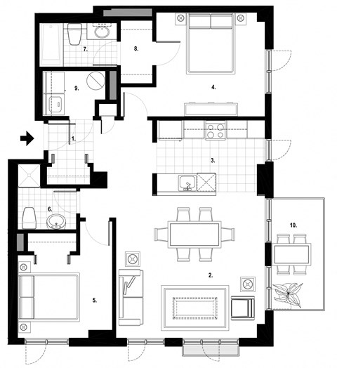 Floor plan for 2 beds, 2 baths, 1014 sqft