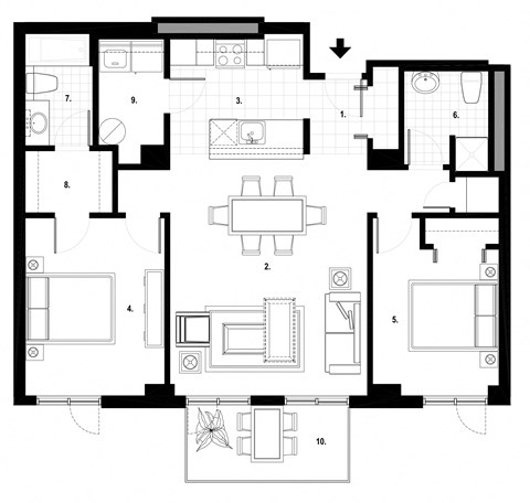 Floor plan for 2 beds, 2 baths, 1015 sqft