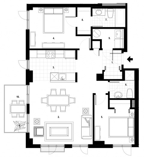 Floor plan for 2 beds, 2 baths