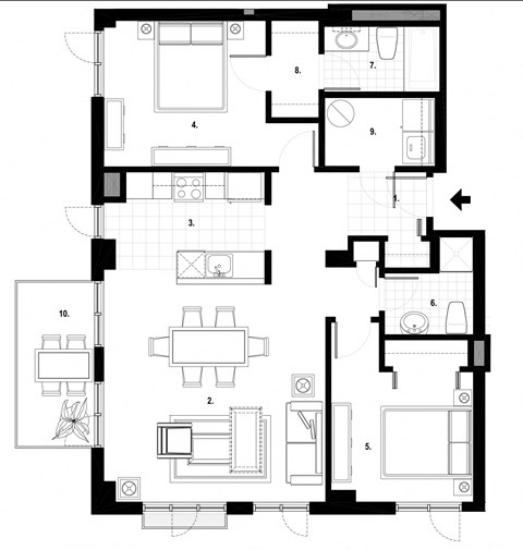 Floor plan for 2 beds, 2 baths, 1018 sqft