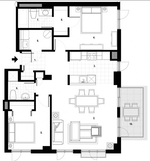 Floor plan for 2 beds, 2 baths, 1023 sqft