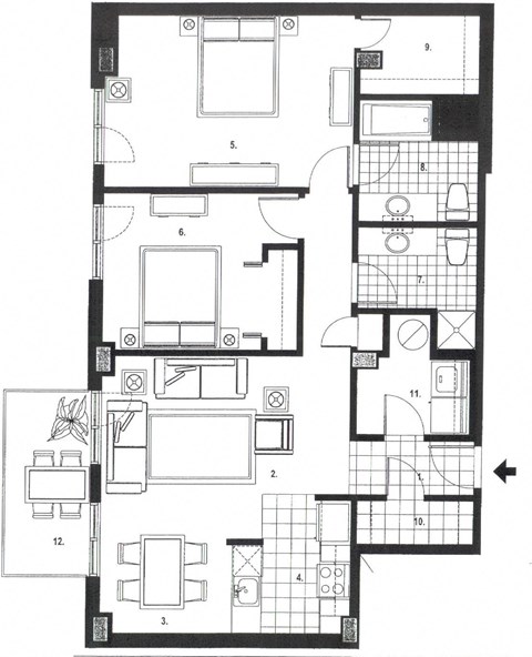 Floor plan for 2 beds, 2 baths, 1044 sqft