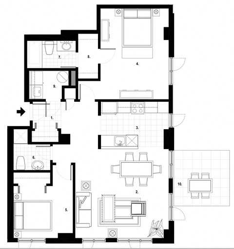 Floor plan for 2 beds, 2 baths, 1073 sqft