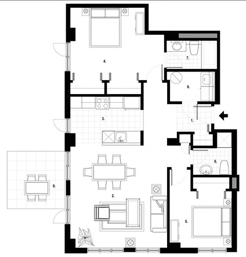 Floor plan for 2 beds, 2 baths, 1090 sqft