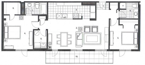 Floor plan for 2 beds, 2 baths