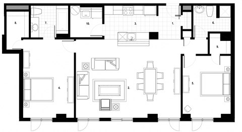 Floor plan for 2 beds, 2 baths