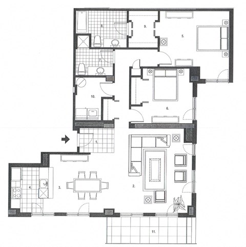 Floor plan for 2 beds, 2 baths