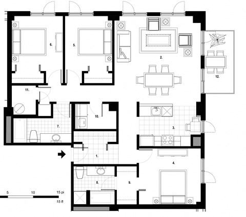 Floor plan for 3 beds, 2 baths, 1322 sqft