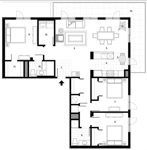 Floor plan for 3 beds, 2 baths, 1323 sqft