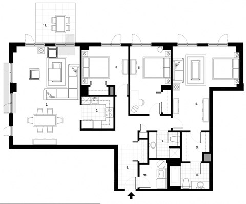 Floor plan for 3 beds, 2 baths, 1607 sqft