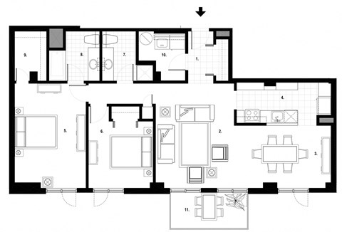 Floor plan for 2 beds, 2 baths
