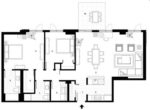 Floor plan for 2 beds, 2 baths, 1249 sqft