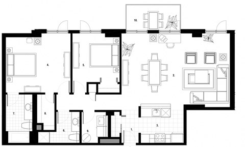 Floor plan for 2 beds, 2 baths, 1249 sqft
