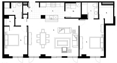 Floor plan for 2 beds, 2 baths, 1277 sqft