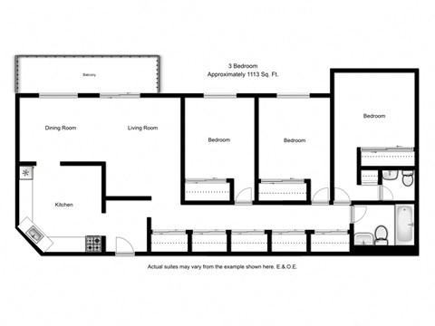 Floor plan for 3 beds, 1.5 baths, 1113 sqft