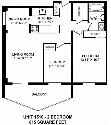 Floor plan for 2 beds, 1 bath, 842 sqft