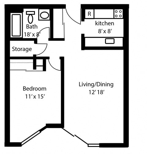 Floor plan for 1 bed, 1 bath, 580 sqft
