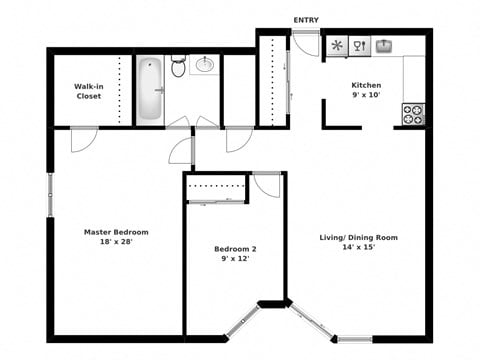 Floor plan for 2 beds, 1 bath, 785 sqft
