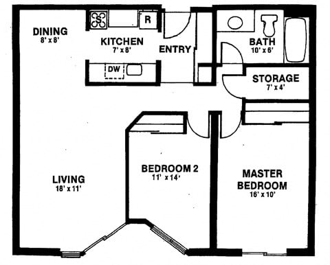 Floor plan for 2 beds, 1 bath, 798 sqft