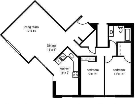 Floor plan for 2 beds, 1 bath, 988 sqft