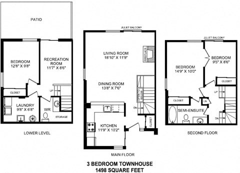 Floor plan for 3 beds, 1.5 baths, 1200 sqft