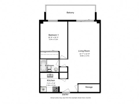 Floor plan for 1 bed, 1 bath, 644 sqft